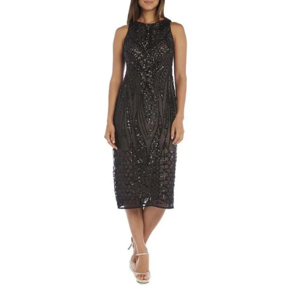 R & M Richards Sequin Dress in Black/Nude New With Tags Size 12P - Picture 1 of 2